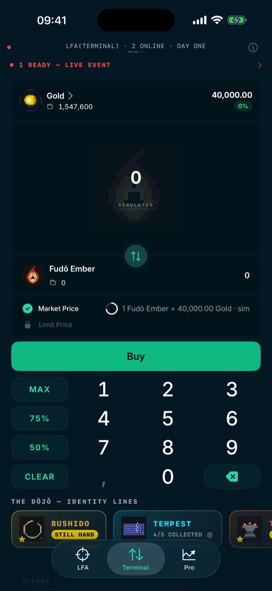Terminal: a simulated buy order for an item at market price, paid in Gold, with the SIMULATED chip in frame